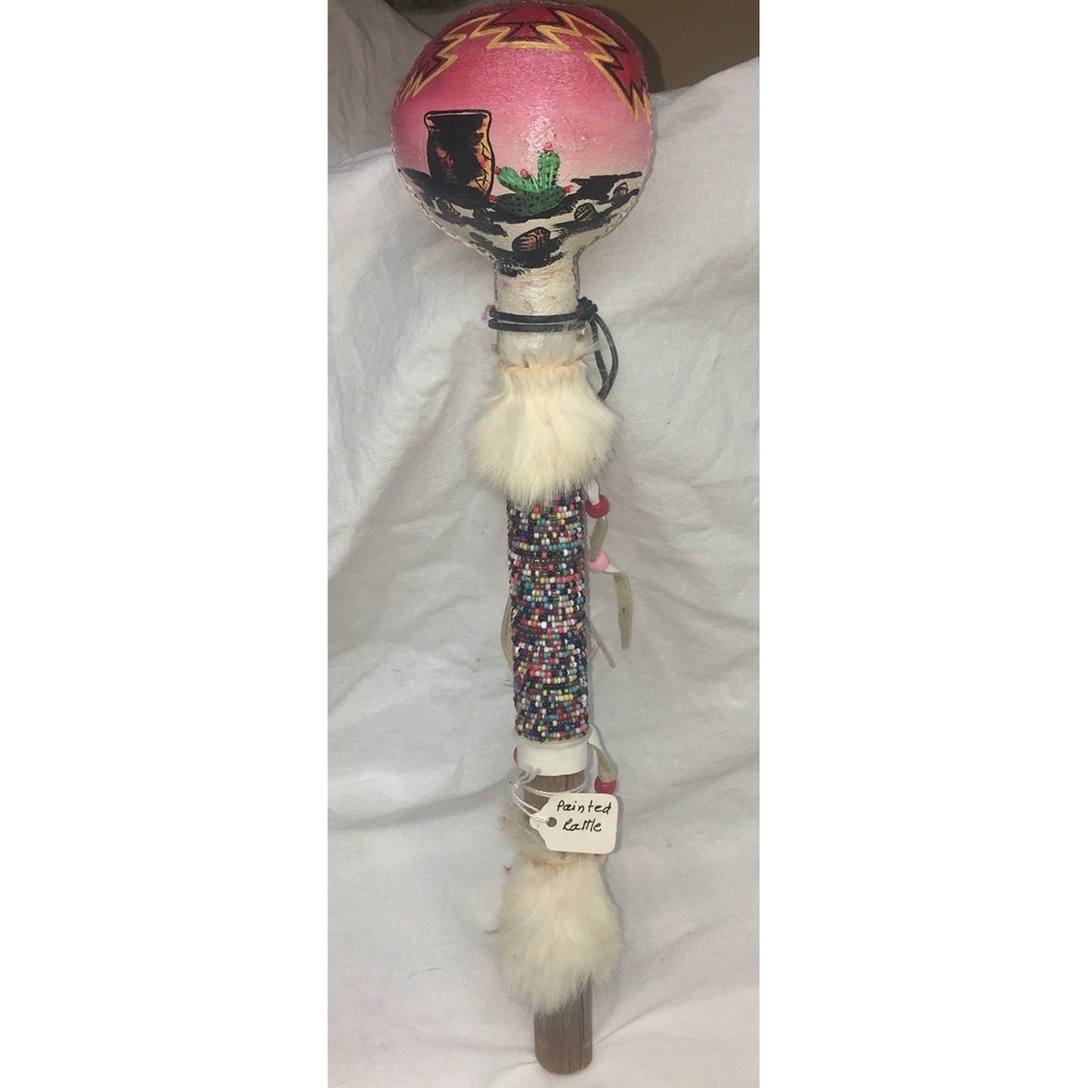VINTAGE NATIVE AMERICAN GOURD RATTLE CEREMONY PAINTED Beaded Rare